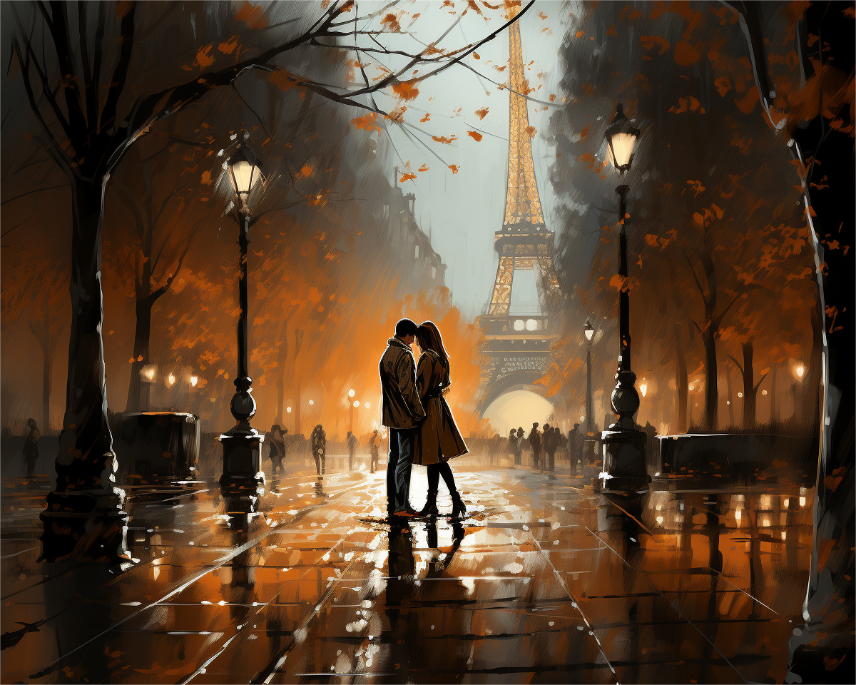 Paint By Numbers med et stemningsfullt og romantisk motiv som skildrer et stille øyeblikk mellom to mennesker i hjertet av Paris. Det varme kveldslyset, de fallende høstbladene og refleksjonene i brosteinen skaper en følelse av tidløs kjærlighet og ro. Motivet inviterer til en avslappende maleopplevelse der hver farge bidrar til å bygge opp den intime og drømmende stemningen.