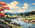 Paint By Numbers med et harmonisk og beroligende landskapsmotiv der en stille elv slynger seg gjennom grønne åser og åpent landskap. Bildet fanger naturens rolige rytme og gir en avslappende maleopplevelse som passer perfekt for mindfulness, avkobling og kreativ ro.