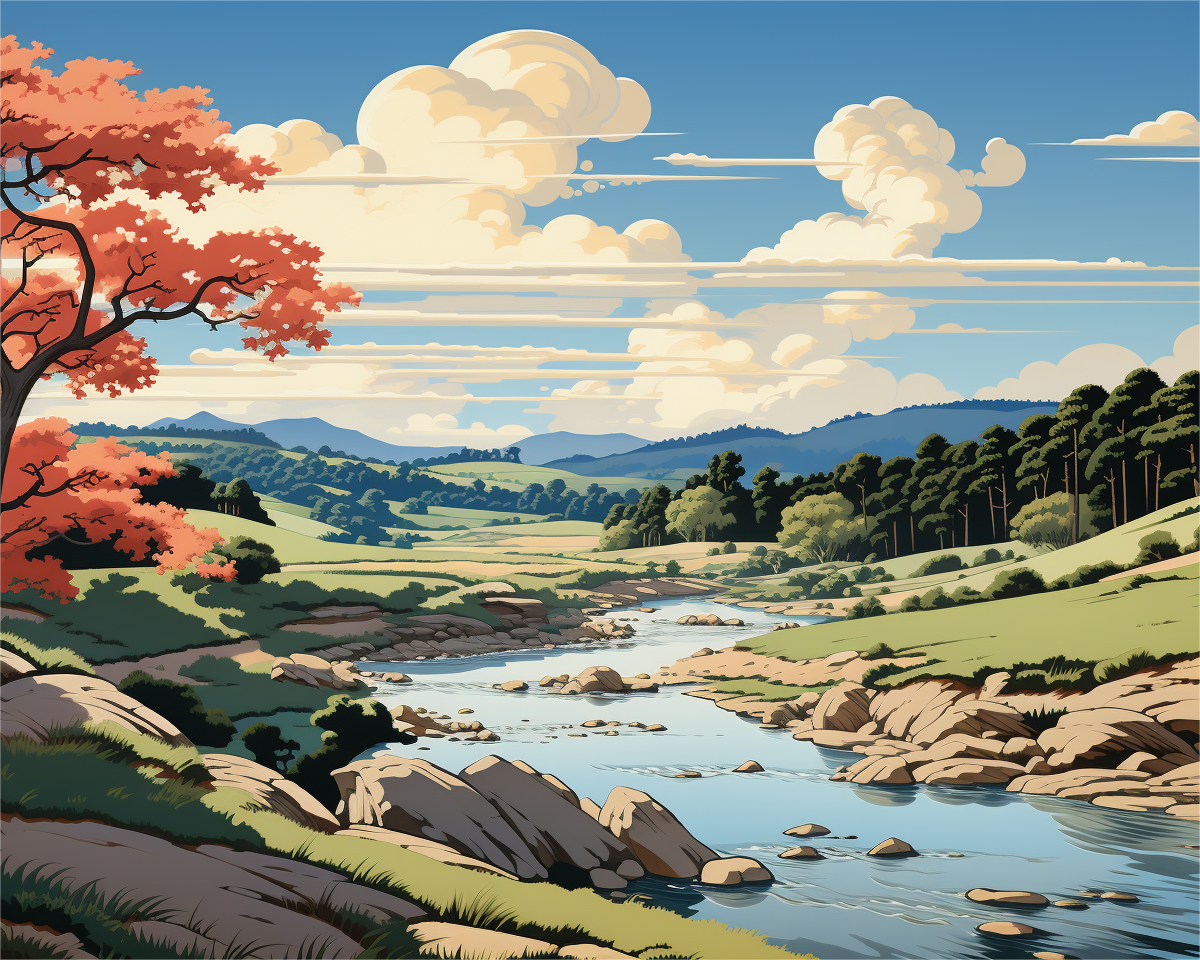 Paint By Numbers med et harmonisk og beroligende landskapsmotiv der en stille elv slynger seg gjennom grønne åser og åpent landskap. Bildet fanger naturens rolige rytme og gir en avslappende maleopplevelse som passer perfekt for mindfulness, avkobling og kreativ ro.