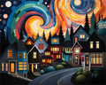 Paint By Numbers – et stemningsfullt motiv som viser et levende nabolag under en virvlende, fargerik nattehimmel. Kontrasten mellom rolige husfasader og dynamiske fargebevegelser skaper en magisk og kreativ maleopplevelse.